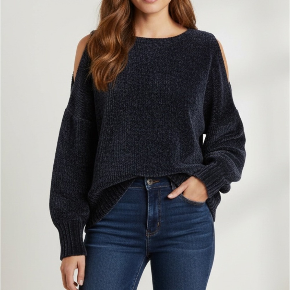 &MERCI Soft CHENILLE Navy Blue COLD-SHOULDER Ribbed Trim KNIT SWEATER Sz L